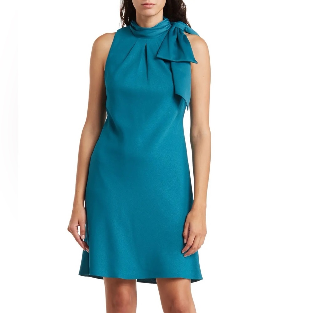 Eliza J BOW NECK SLEEVELESS TRAPEZE DRESS IN TEAL size 6
